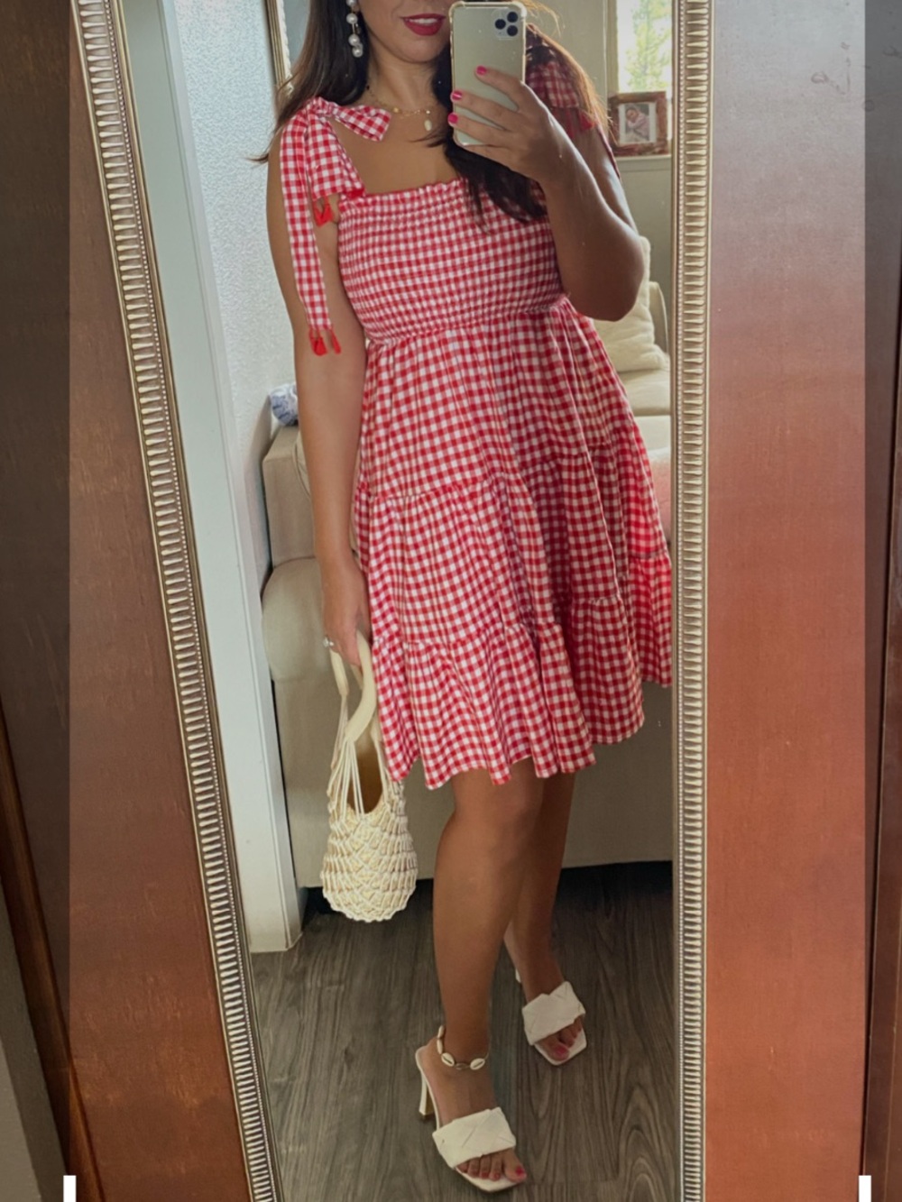 Amazon Red and White Gingham Tie-Shoulder Mini Dress